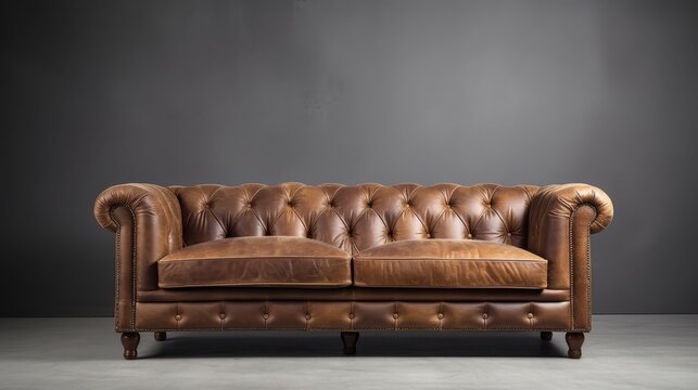 Elegant tufted brown leather couch set against dark charcoal background for catalog.