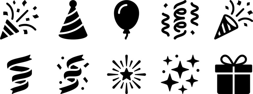 Celebration Icons: Party Hats, Balloons, Streamers, Confetti, and Gift Boxes.