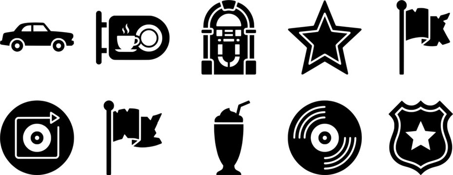 Retro Diner Icons: Car, Coffee, Jukebox, Star, Flags, Milkshake, Vinyl, and Badge.