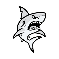 Logotipo con dibujo minimalista con líneas y relleno color gris de un tiburón enojado con la boca abierta enseñando los colmillos © teracreonte