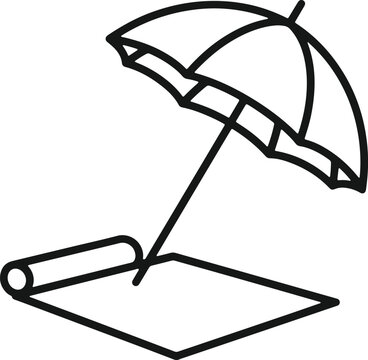 Beach umbrella and mat vacation icon simple black outline graphic.