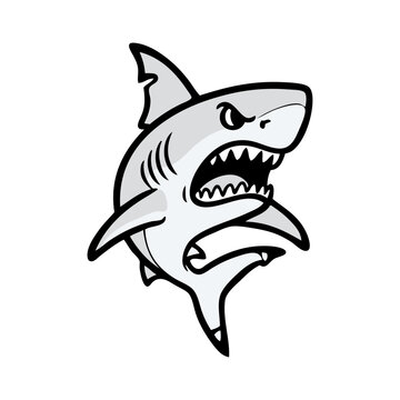 Logotipo con dibujo minimalista con l&iacute;neas y relleno color gris de un tibur&oacute;n enojado con la boca abierta ense&ntilde;ando los colmillos