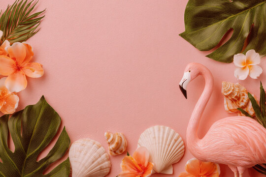 Summer tropical background with copy space for a text, pink flamingo with monstera leaves.