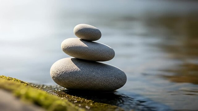 Smooth gray stones stacked carefully on water's edge for serenity and tranquility