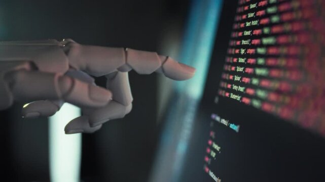 Under software command, a robotic arm's fingers move with precision, positioning and executing complex code creation through cybernetics and artificial intelligence