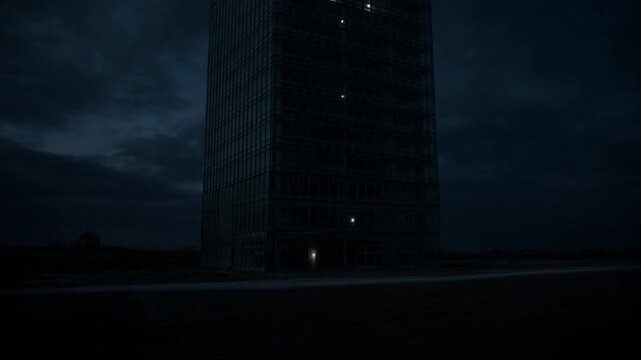 Slow pan tracking shot of solitary high rise building standing in empty rural landscape under stormy night sky with illuminated doorway