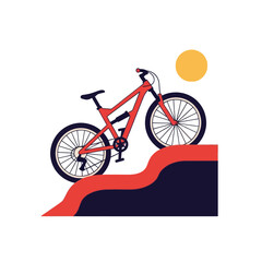 Fototapeta premium Red Mountain Bike on Dirt Ramp Under Sun, Extreme Sport Vector Illustration