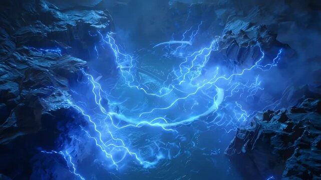 Dynamic blue lightning energy vortex swirling in dark rocky abstract environment
