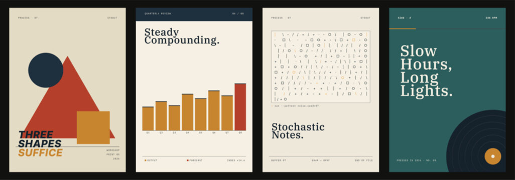 Modern abstract poster set featuring geometric shapes, data chart layouts and editorial typography in warm neutral colors. Minimal vector designs for wall art, creative posters, covers, designs.