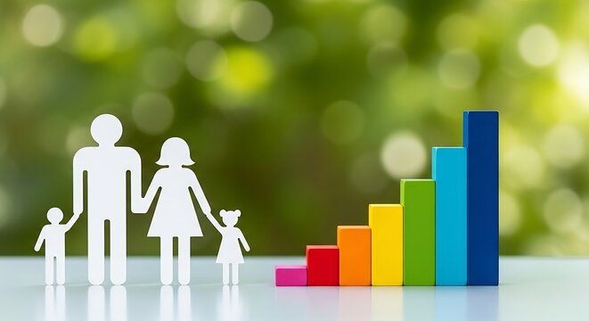 Family paper figures with colorful wooden bar chart on a green nature background