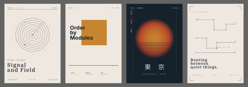 Japanese retro futuristic poster set featuring signal diagrams, modular geometry and bold editorial typography in muted neutral colors. Minimal vector layouts for technology posters, covers.