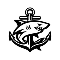 Logo Nautical. Icono de tiburón agresivo alrededor del ancla de un barco  © teracreonte