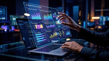 Fototapeta na wymiar Hand interacts with an innovative AI analytics platform displaying predictive data and neural network performance.