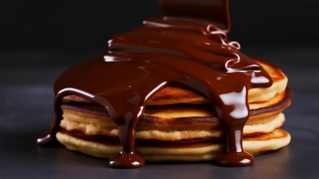 Slow motion close up of chocolate being poured over stack of pancakes on dark tabletop in studio