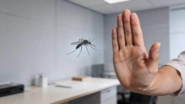 Human hand stopping mosquito symbol with chain health protection and disease prevention concept