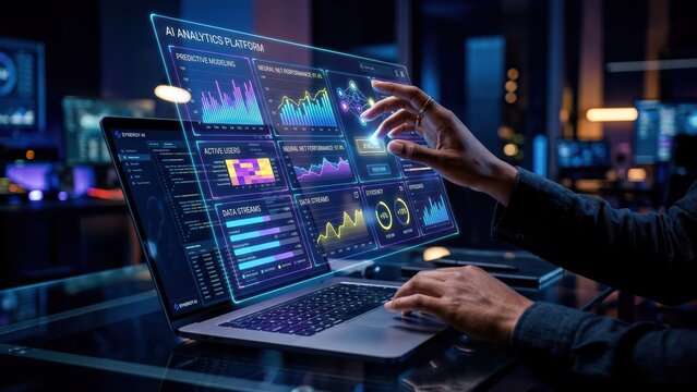 Hand interacts with an innovative AI analytics platform displaying predictive data and neural network performance.