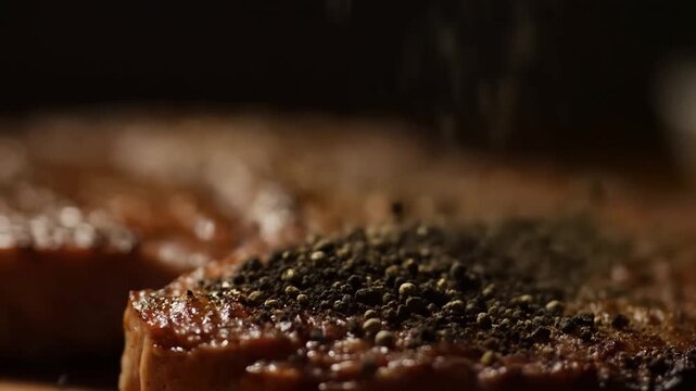 Slow motion close up of steak being seasoned with cracked pepper falling onto seared meat on cutting board in dim kitchen setting