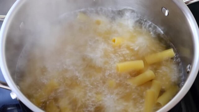 Static overhead shot of pasta boiling in pot on stove top with rising steam in kitchen