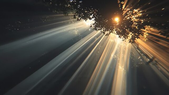 Ethereal golden sun rays stream through dark forest leaves, creating mystical light beams