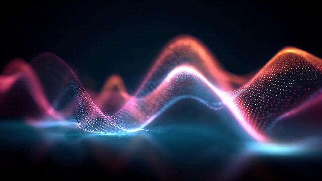 Abstract digital data wave of glowing particles flows across dark background in seamless loop creating cinematic visual for technology presentations and futuristic scientific motion graphics.