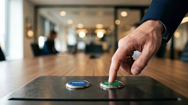 Ethical decision making business leader presses integrity button over profit modern conference room emphasizing values and responsibility ethical