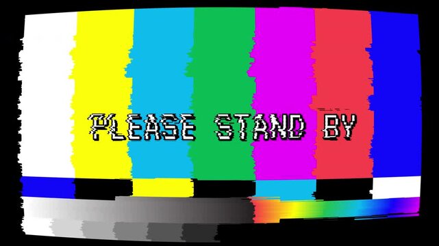 Please Stand By text animation, on a broken television. suitable for technology blogs, error troubleshooting articles, tv repair service advertisements.