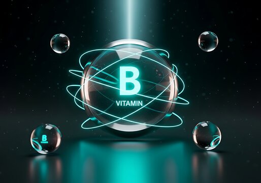 Vitamin b complex concept with glowing molecular structure and liquid bubbles