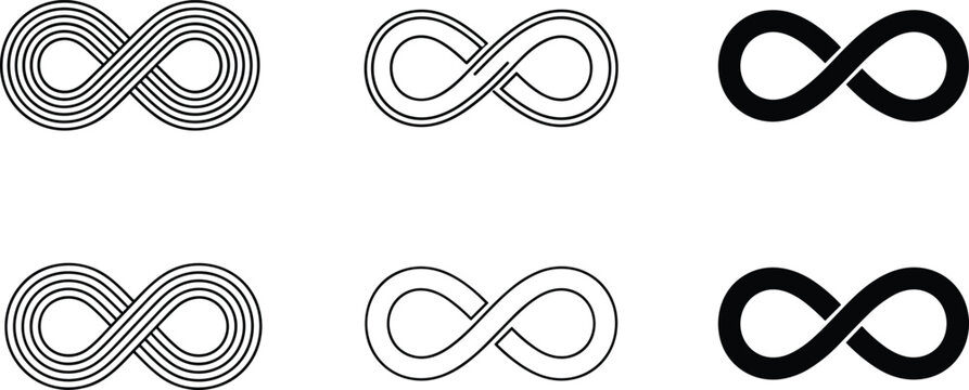 Infinity symbol icons set endless loop signs vector illustration black and outline mathematical eternity design elements collection