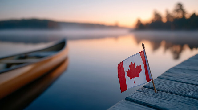Canadian flag on dock with canoe at misty lake sunrise