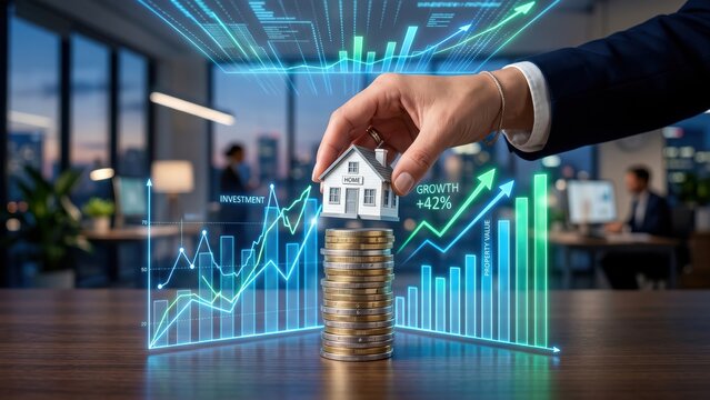 Achieving real estate investment growth hand, house model, coins, and dynamic financial charts.