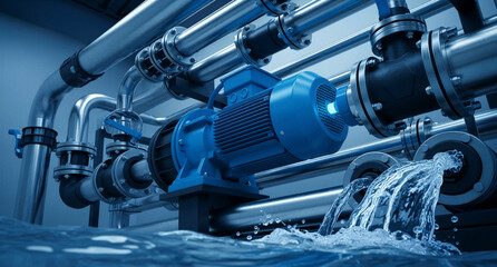 Fototapeta premium Blue industrial motor pumping water through complex steel pipes. Water flows from a pipe outlet in a modern utility facility. Infrastructure engineering concept for water treatment and maintenance.