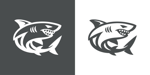 Logotipo con dibujo minimalista con líneas de un tiburón enojado con la boca abierta enseñando los colmillos, en versión con fondo gris y sin fondo © teracreonte