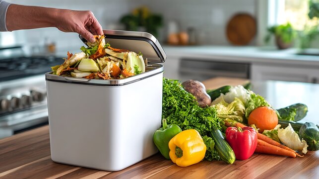 Person adding vegetable scraps to a compost bin on a kitchen counter with fresh produce nearby