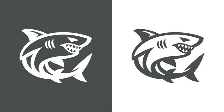 Logotipo con dibujo minimalista con l&iacute;neas de un tibur&oacute;n enojado con la boca abierta ense&ntilde;ando los colmillos, en versi&oacute;n con fondo gris y sin fondo