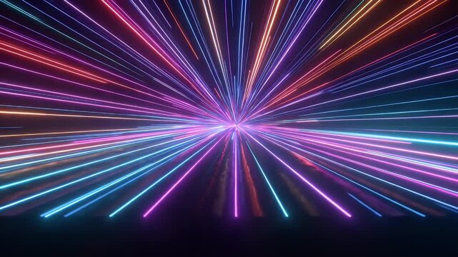 Speeding through colorful neon light tunnel, abstract futuristic background with bright glowing laser beams radiating from center, dynamic motion blur effect, sense of hyperspace travel or warp speed.