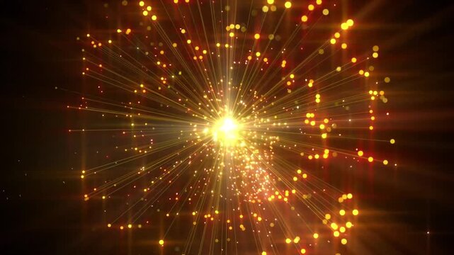 Golden starburst explosion with glowing red particles and bright light rays on a dark black backdrop