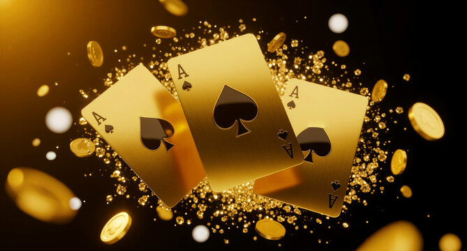 Three golden ace of spades cards floating with falling coins. Luxury poker theme with sparkling particles on black. Gambling success concept, perfect for casino ads and betting.