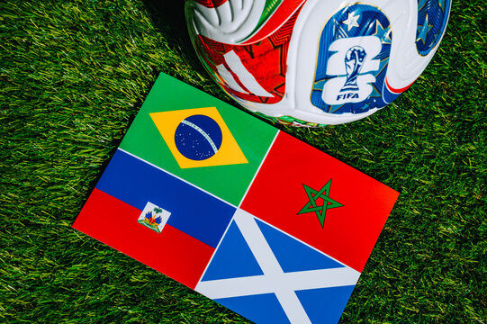 FIFA World Cup 2026 Group C: Official Match Ball with Flags of Brazil, Morocco, Haiti and Scotland