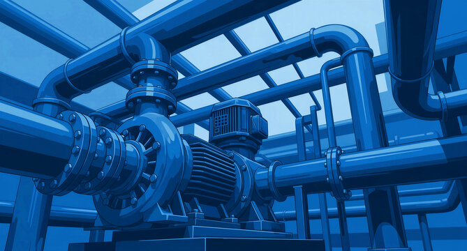 Blue industrial pump system with complex pipeline network. Vector illustration of heavy machinery inside a factory facility. Engineering concept for industrial manufacturing and infrastructure.
