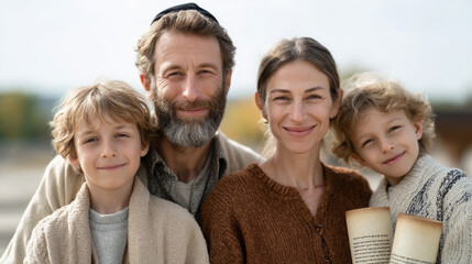 Obraz premium Happy caucasian family outdoors with books on a sunny day
