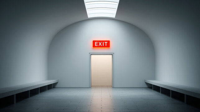 Minimalist tunnel with red exit sign and symmetrical benches