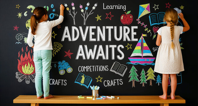 Two girls draw colorful icons and write Adventure Awaits on a blackboard. They stand on a wooden bench in a creative activity center. Education and summer camp concept for marketing materials.