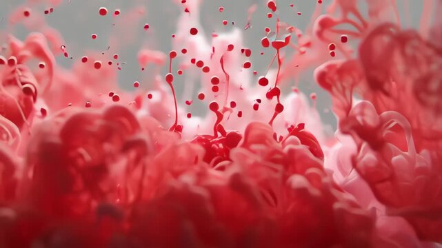 Vibrant red ink swirling in water creating abstract organic fluid motion and cloud-like patterns