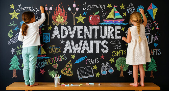 Two girls drawing colorful chalk art on a blackboard with Adventure Awaits text. Creative kids sketching campfire and nature icons in a classroom. Imagination concept for camp marketing.