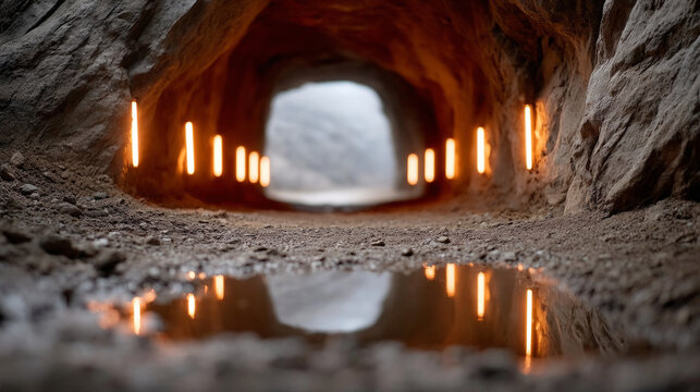 Futuristic underground crypto mining tunnel with illuminated pathway
