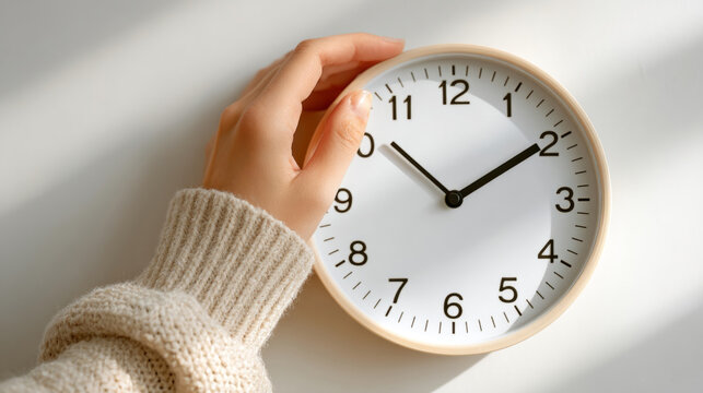 Daylight savings concept with close up of hand adjusting clock for time change