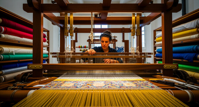 Woman weaver working on a large traditional wooden loom in a textile workshop. Skilled artisan crafting intricate patterned fabric. Craftsmanship and heritage concept for textile industry.