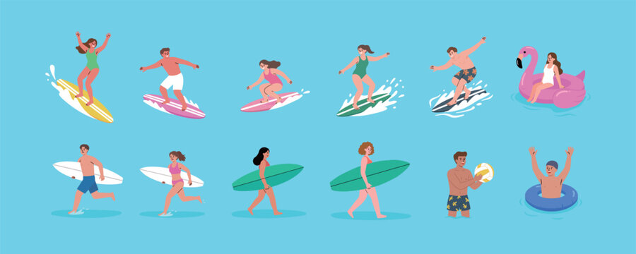 Summer Beach Activities and Surfing Vector Character Set