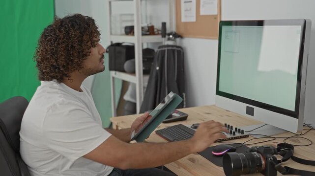Man photographer taps tablet beside camera and desktop computer in studio at wooden desk with monitor and keyboard; focused creativity.
