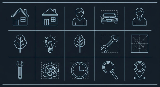 Collection of various line art icons on dark background.